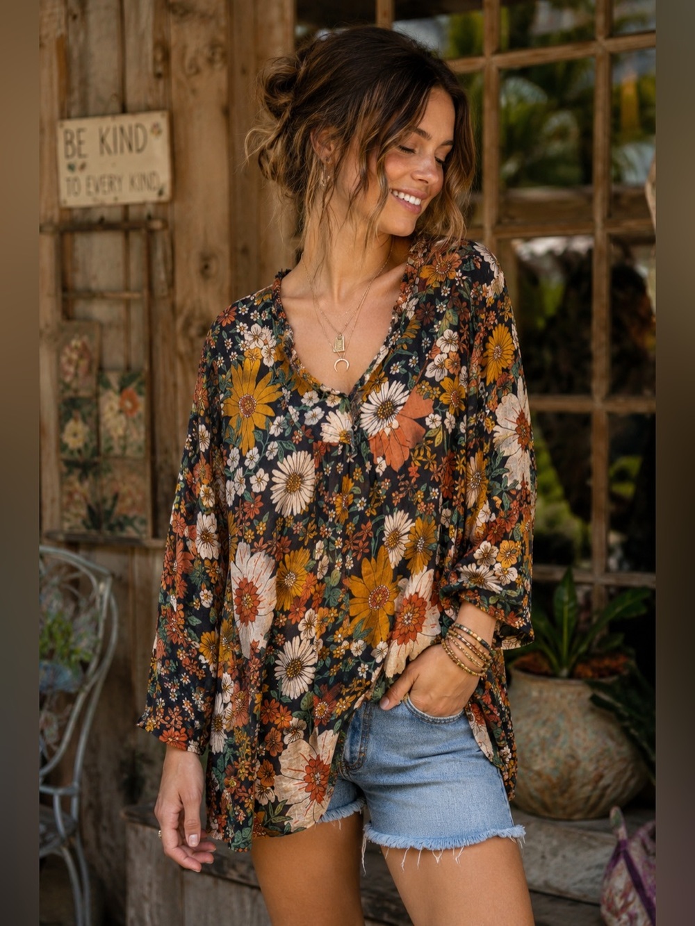 Natural Life Retro Floral Boho Tunic Blouse Small/Medium